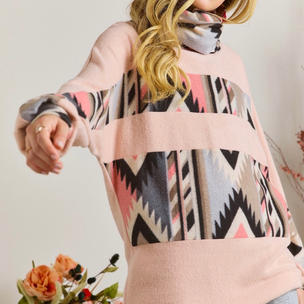 New - Western Print Cowl Neck Sweater, Color:Pink, Size: Medium